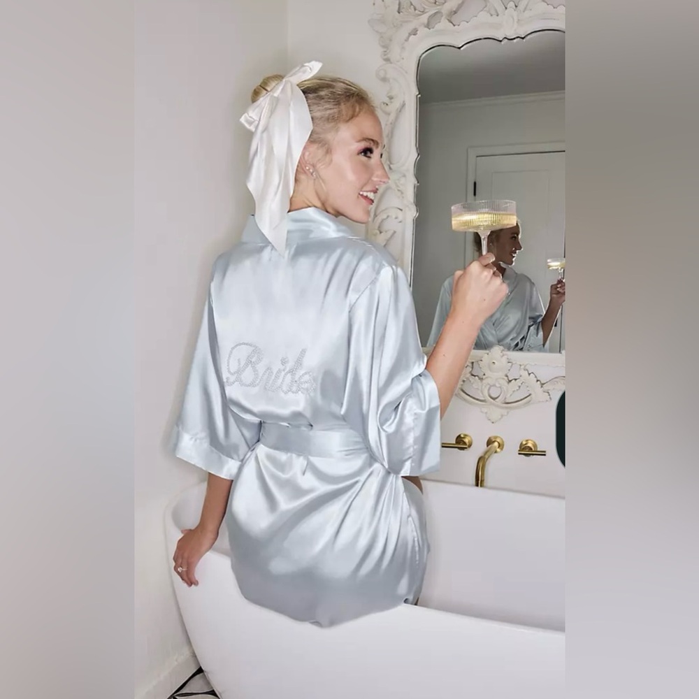 Elegant Pearl Bride Light Blue Satin Robe